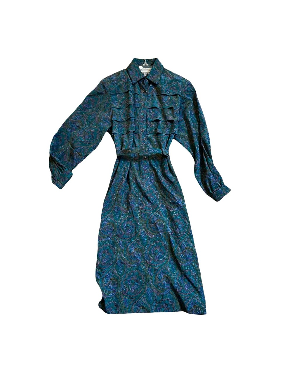 Vintage Schroder Sport Paisley Ruffle Blue Teal Belted Midi Dress Size 10P - Picture 2 of 6